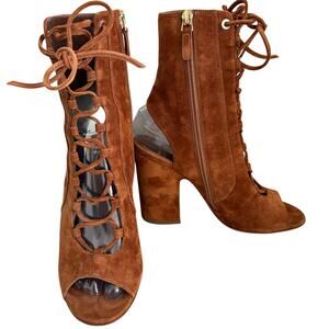 Laurence Dacade Couture Paris Suede LaceUp Peep Toe Bootie Block Heel Luxury Tan
